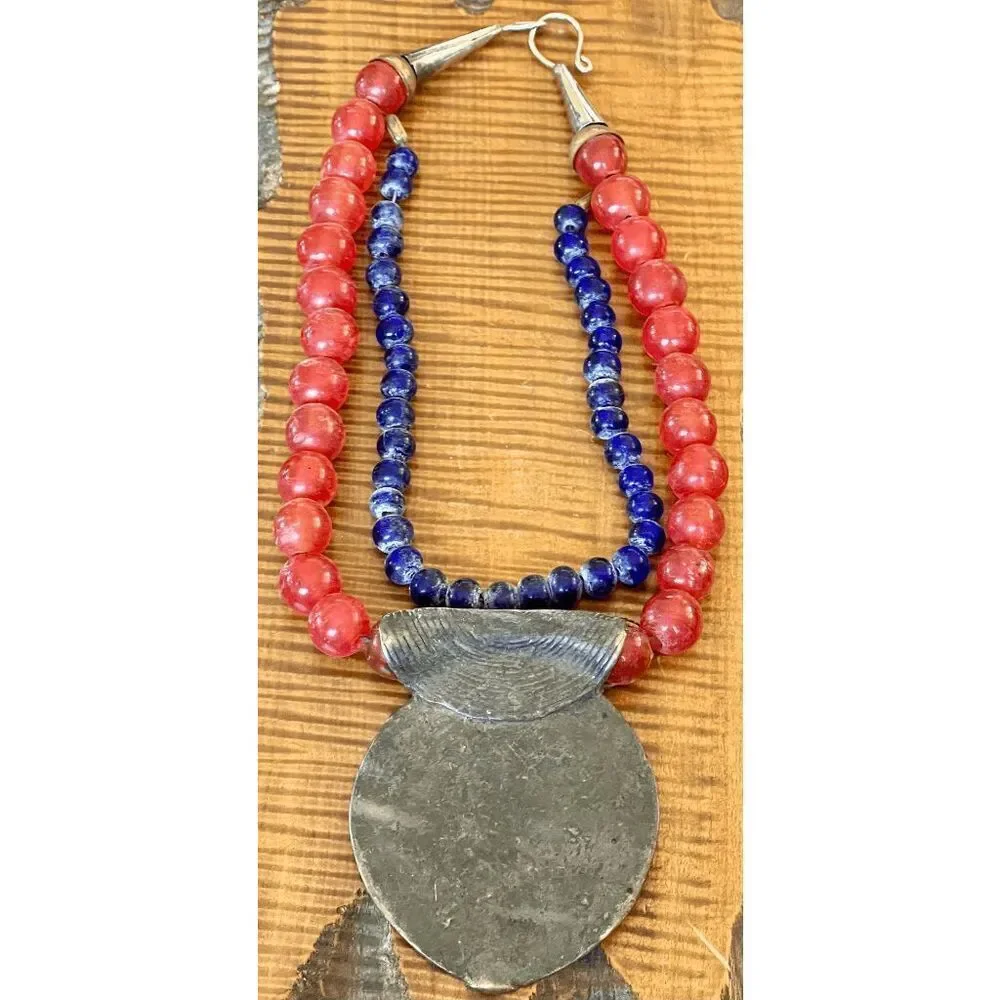 Ashanti Ghana Double Strand 18 Inch Glass Bead Necklace With Brass Pendant